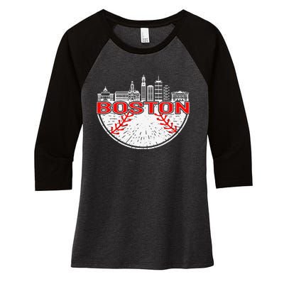 Vintage Style Boston Baseball Tee Women's Tri-Blend 3/4-Sleeve Raglan Shirt