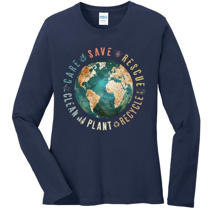 Vintage Save Bees Rescue Animals Recycle Plastic Earth Day Ladies Long Sleeve Shirt