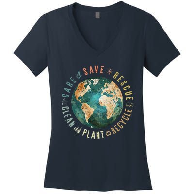 Vintage Save Bees Rescue Animals Recycle Plastic Earth Day Women's V-Neck T-Shirt