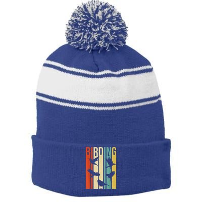 Vintage Style Birding Cute Gift For Birders With Birds Stripe Pom Pom Beanie