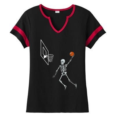 Vintage Skeleton Basketball Player Dunking Hoop Ladies Halftime Notch Neck Tee