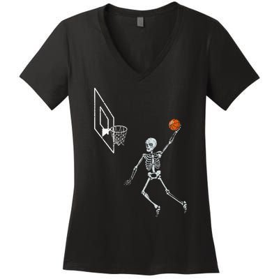 Vintage Skeleton Basketball Player Dunking Hoop Women's V-Neck T-Shirt