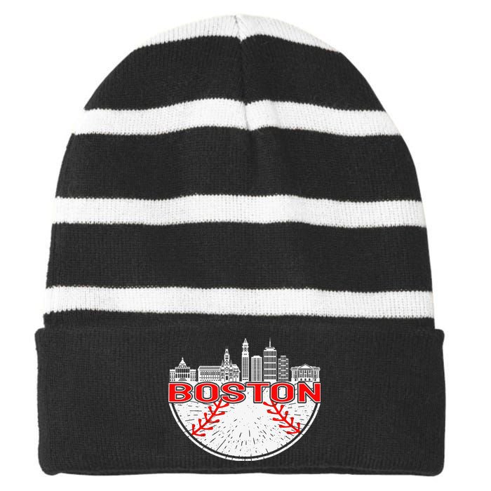 Vintage Style Boston Baseball Tee for Wo Striped Beanie with Solid Band