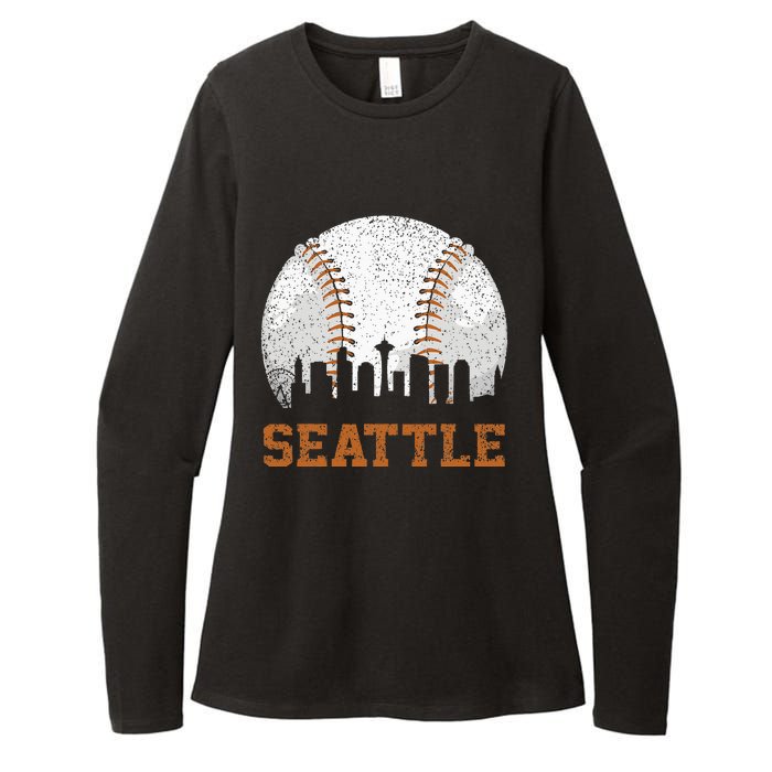 Vintage Seattle Cityscape Baseball Lover Player And Fans Womens CVC Long Sleeve Shirt