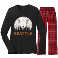 Vintage Seattle Cityscape Baseball Lover Player And Fans Women's Long Sleeve Flannel Pajama Set 