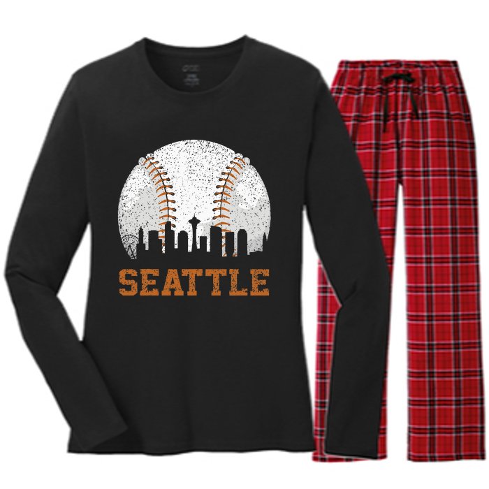 Vintage Seattle Cityscape Baseball Lover Player And Fans Women's Long Sleeve Flannel Pajama Set 