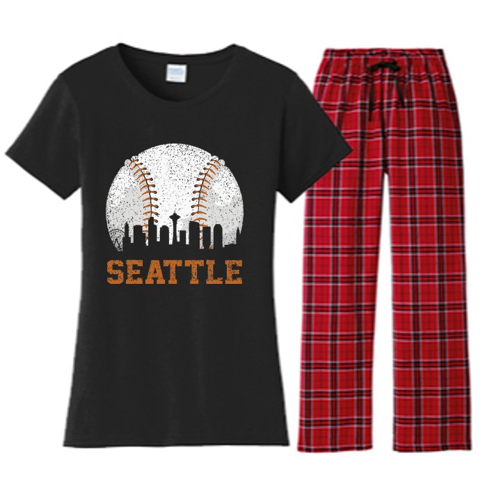 Vintage Seattle Cityscape Baseball Lover Player And Fans Women's Flannel Pajama Set