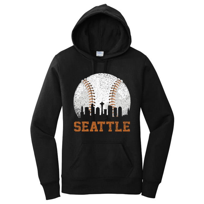 Vintage Seattle Cityscape Baseball Lover Player And Fans Women's Pullover Hoodie