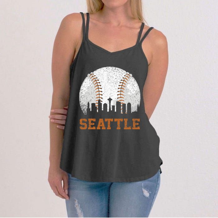 Vintage Seattle Cityscape Baseball Lover Player And Fans Women's Strappy Tank