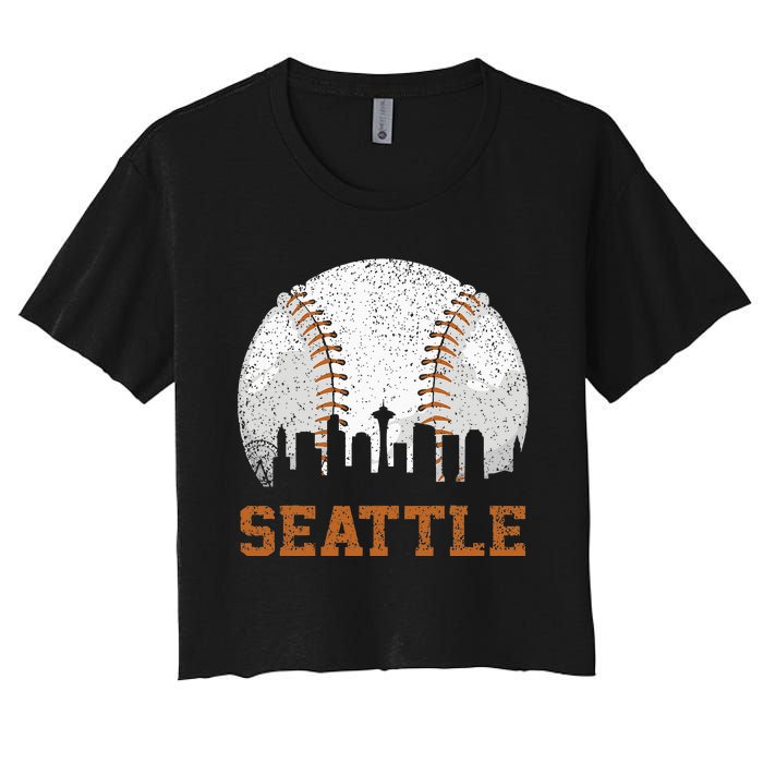 Vintage Seattle Cityscape Baseball Lover Player And Fans Women's Crop Top Tee