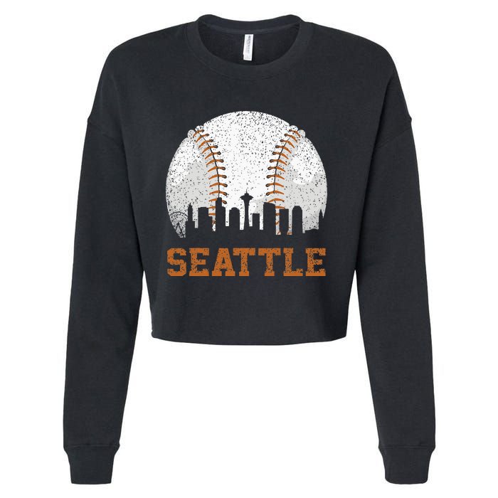 Vintage Seattle Cityscape Baseball Lover Player And Fans Cropped Pullover Crew