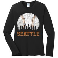 Vintage Seattle Cityscape Baseball Lover Player And Fans Ladies Long Sleeve Shirt