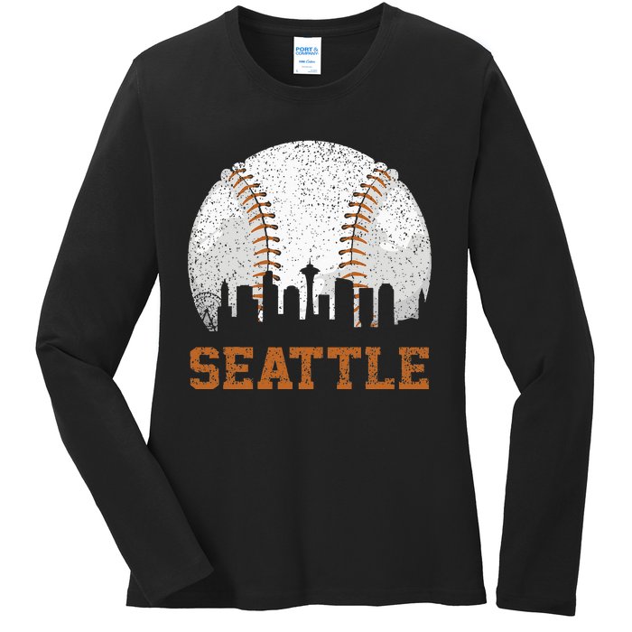 Vintage Seattle Cityscape Baseball Lover Player And Fans Ladies Long Sleeve Shirt