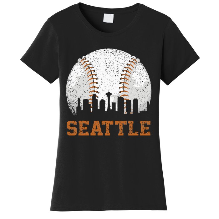 Vintage Seattle Cityscape Baseball Lover Player And Fans Women's T-Shirt