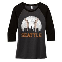 Vintage Seattle Cityscape Baseball Lover Player And Fans Women's Tri-Blend 3/4-Sleeve Raglan Shirt