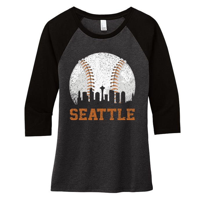 Vintage Seattle Cityscape Baseball Lover Player And Fans Women's Tri-Blend 3/4-Sleeve Raglan Shirt