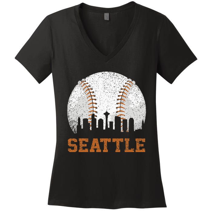 Vintage Seattle Cityscape Baseball Lover Player And Fans Women's V-Neck T-Shirt