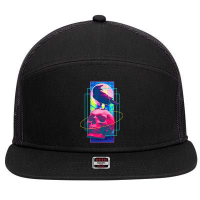 Vaporwave Skull & Crow Halloween Retro Aesthetic Art 7 Panel Mesh Trucker Snapback Hat
