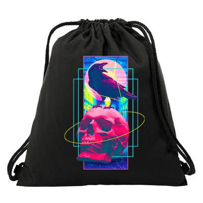 Vaporwave Skull & Crow Halloween Retro Aesthetic Art Drawstring Bag
