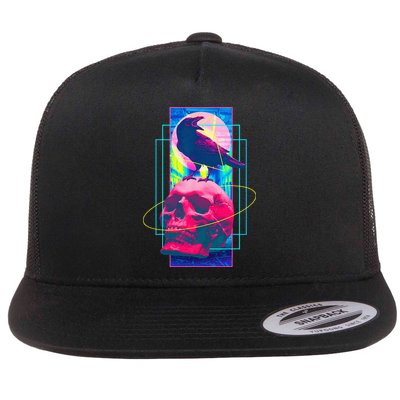 Vaporwave Skull & Crow Halloween Retro Aesthetic Art Flatbill Hat