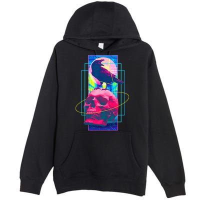 Vaporwave Skull & Crow Halloween Retro Aesthetic Art Premium Pullover Hoodie