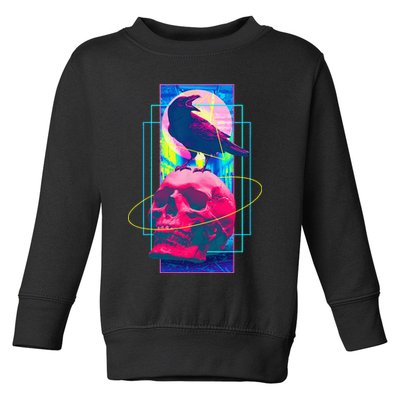Vaporwave Skull & Crow Halloween Retro Aesthetic Art Toddler Sweatshirt