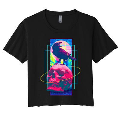 Vaporwave Skull & Crow Halloween Retro Aesthetic Art Crop Top