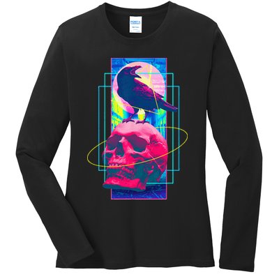 Vaporwave Skull & Crow Halloween Retro Aesthetic Art Ladies Long Sleeve Shirt