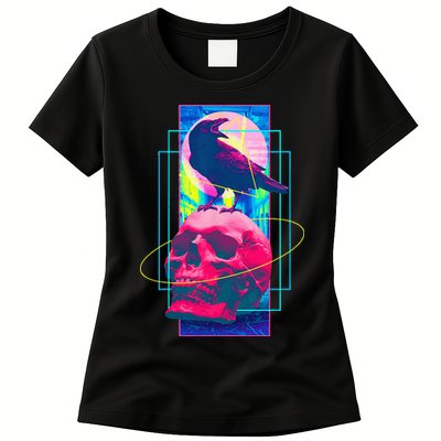 Vaporwave Skull & Crow Halloween Retro Aesthetic Art Womens T-Shirt