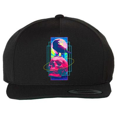 Vaporwave Skull & Crow Halloween Retro Aesthetic Art Wool Snapback Cap
