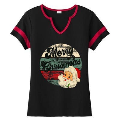 Vintage Santa Claus Merry Christmas Face Old Fashioned Ladies Halftime Notch Neck Tee