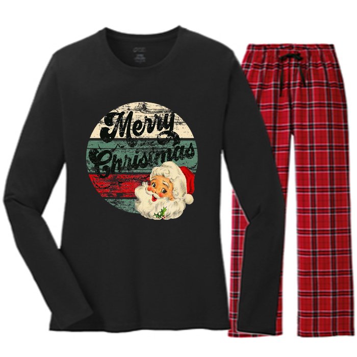 Vintage Santa Claus Merry Christmas Face Old Fashioned Women's Long Sleeve Flannel Pajama Set 