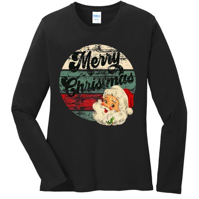 Vintage Santa Claus Merry Christmas Face Old Fashioned Ladies Long Sleeve Shirt