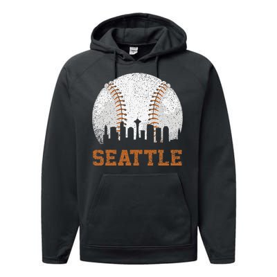 Vintage Seattle Cityscape Baseball Lover Player Performance Fleece Hoodie