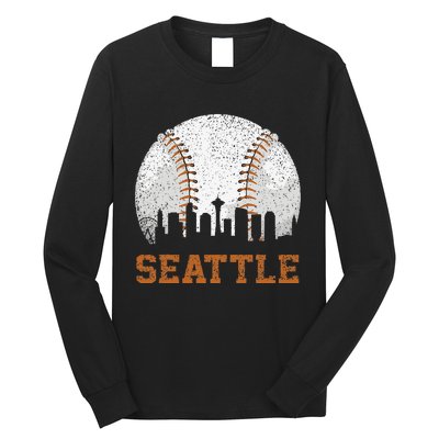 Vintage Seattle Cityscape Baseball Lover Player Long Sleeve Shirt