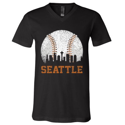 Vintage Seattle Cityscape Baseball Lover Player V-Neck T-Shirt