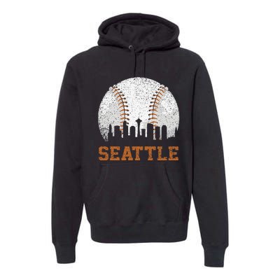 Vintage Seattle Cityscape Baseball Lover Player Premium Hoodie