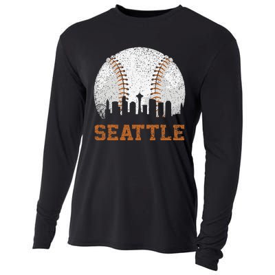 Vintage Seattle Cityscape Baseball Lover Player Cooling Performance Long Sleeve Crew