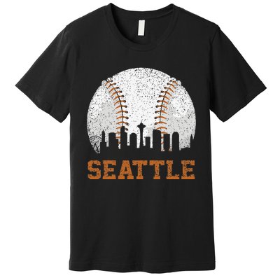 Vintage Seattle Cityscape Baseball Lover Player Premium T-Shirt