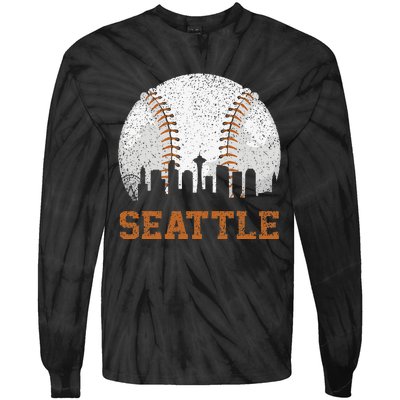 Vintage Seattle Cityscape Baseball Lover Player Tie-Dye Long Sleeve Shirt