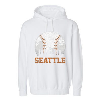 Vintage Seattle Cityscape Baseball Lover Player Garment-Dyed Fleece Hoodie