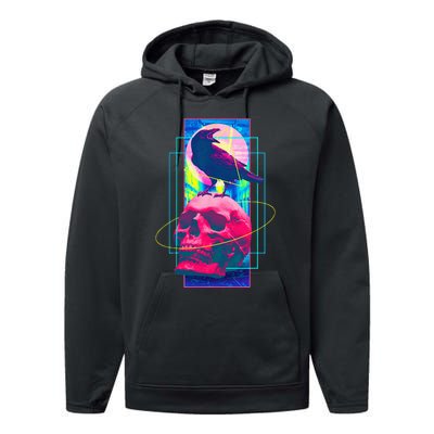 Vaporwave Skull & Crow Halloween Retro Aesthetic Art Performance Fleece Hoodie