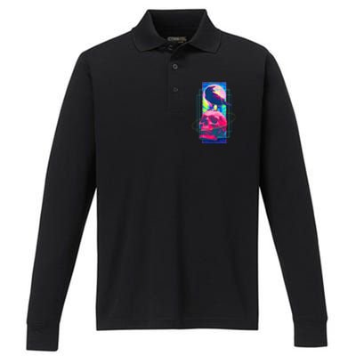 Vaporwave Skull & Crow Halloween Retro Aesthetic Art Performance Long Sleeve Polo