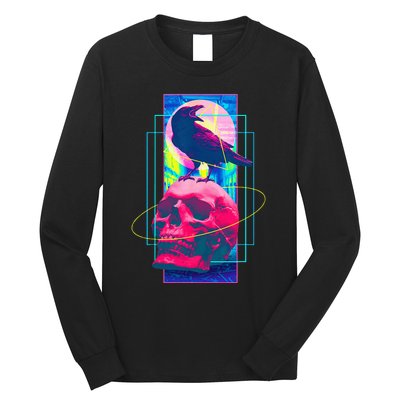 Vaporwave Skull & Crow Halloween Retro Aesthetic Art Long Sleeve Shirt