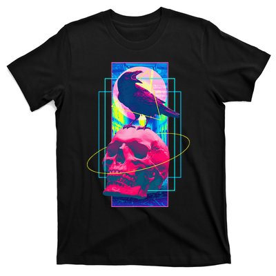 Vaporwave Skull & Crow Halloween Retro Aesthetic Art T-Shirt