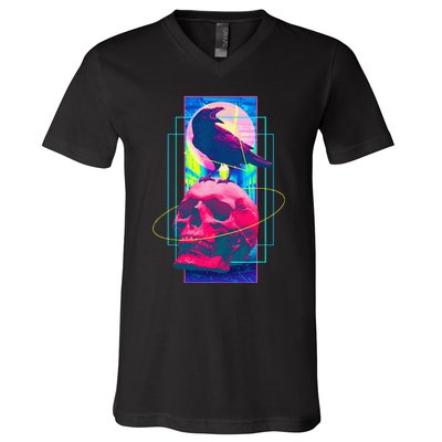 Vaporwave Skull & Crow Halloween Retro Aesthetic Art V-Neck T-Shirt