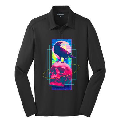 Vaporwave Skull & Crow Halloween Retro Aesthetic Art Silk Touch Performance Long Sleeve Polo