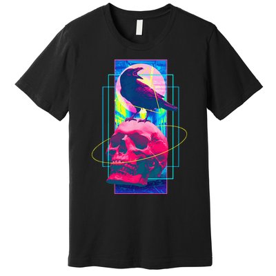 Vaporwave Skull & Crow Halloween Retro Aesthetic Art Premium T-Shirt