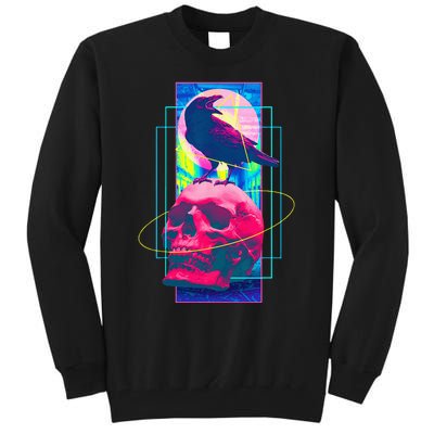 Vaporwave Skull & Crow Halloween Retro Aesthetic Art Tall Sweatshirt