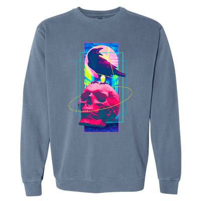 Vaporwave Skull & Crow Halloween Retro Aesthetic Art Garment-Dyed Sweatshirt